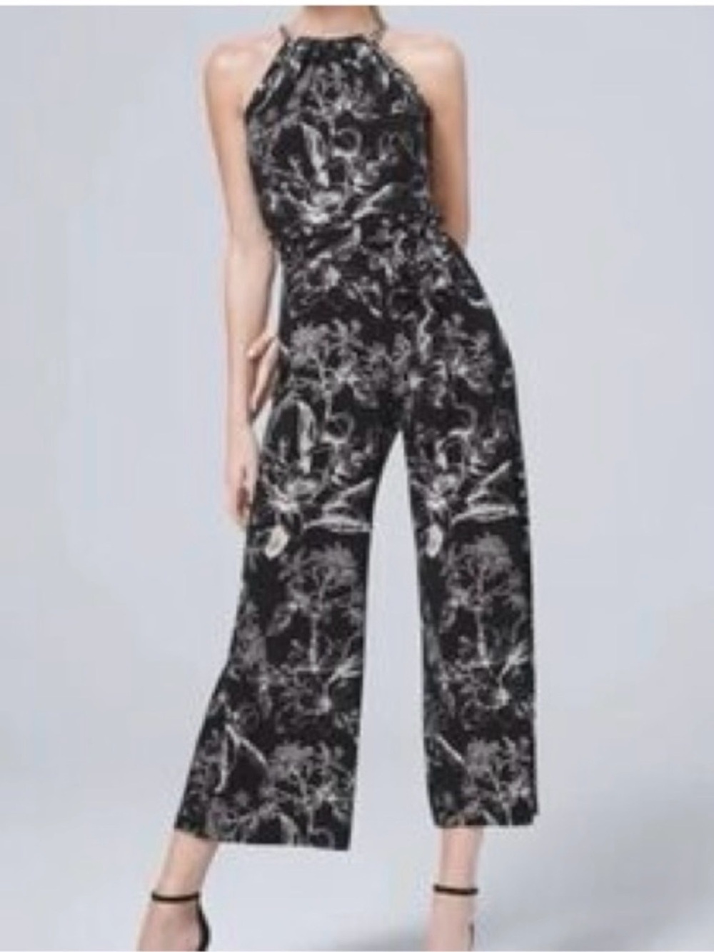 White House Black Market Black & White Floral Halter Wide-Leg Jumpsuit